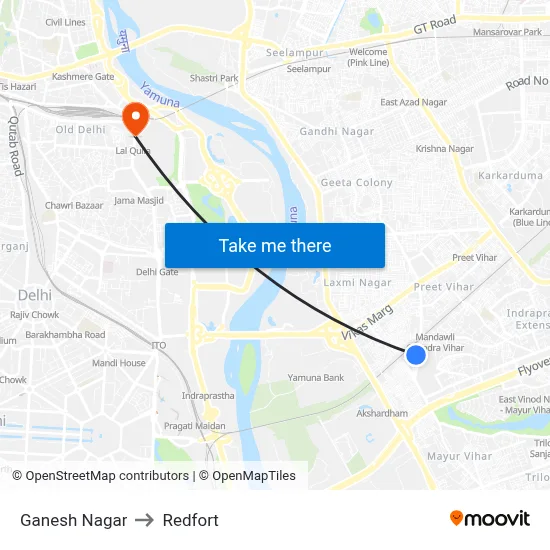 Ganesh Nagar to Redfort map