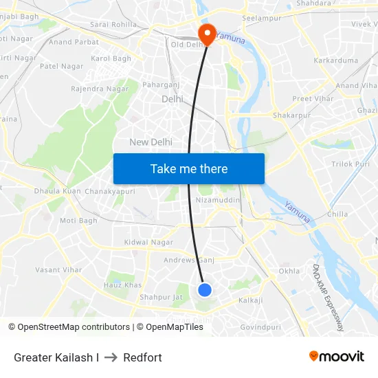 Greater Kailash I to Redfort map