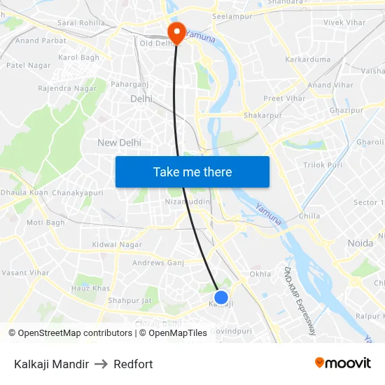 Kalkaji Mandir to Redfort map