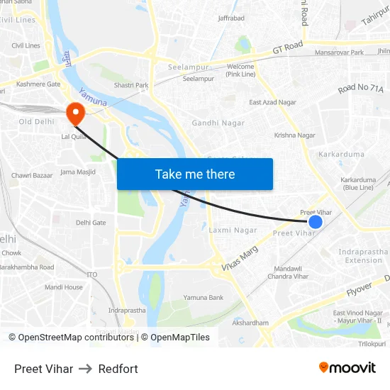 Preet Vihar to Redfort map