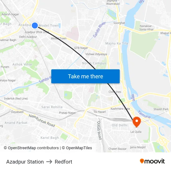 Azadpur Station to Redfort map