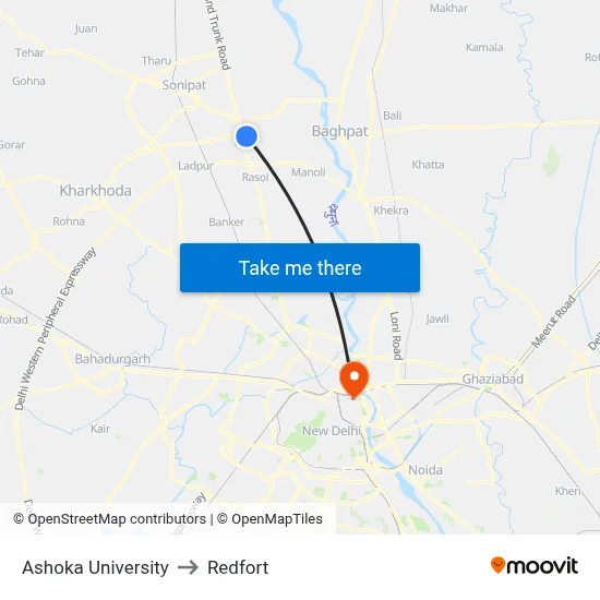 Ashoka University to Redfort map