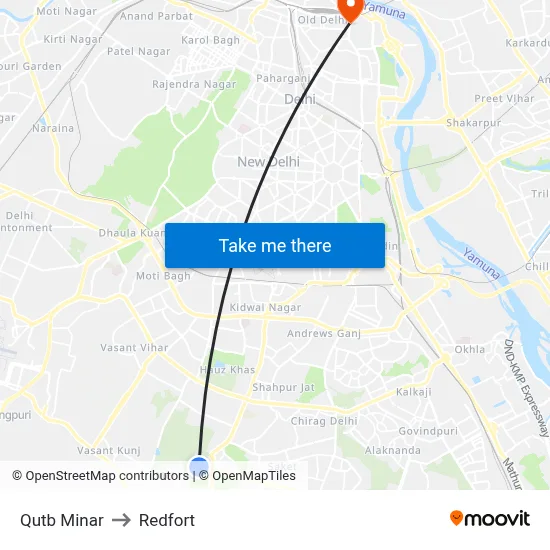 Qutb Minar to Redfort map