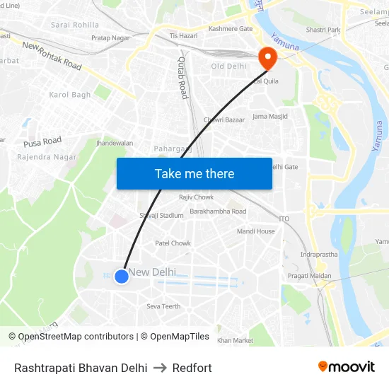 Rashtrapati Bhavan Delhi to Redfort map