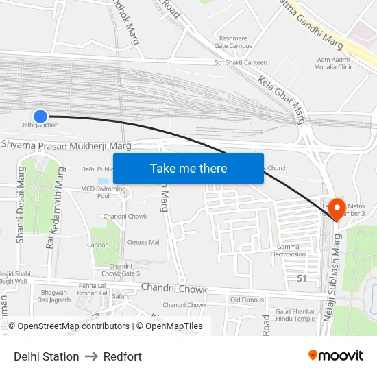 Delhi Station to Redfort map