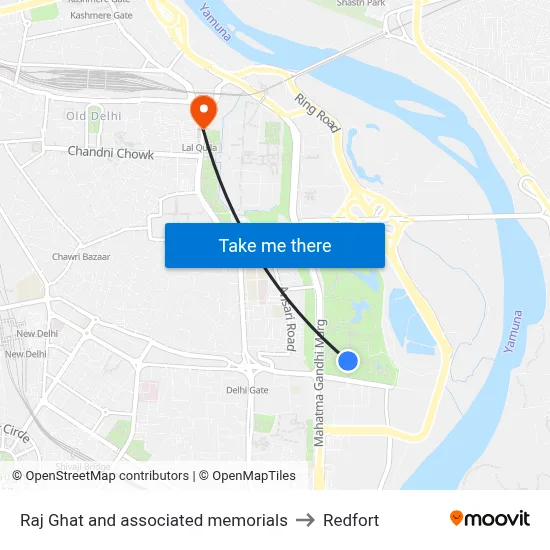 Raj Ghat and associated memorials to Redfort map