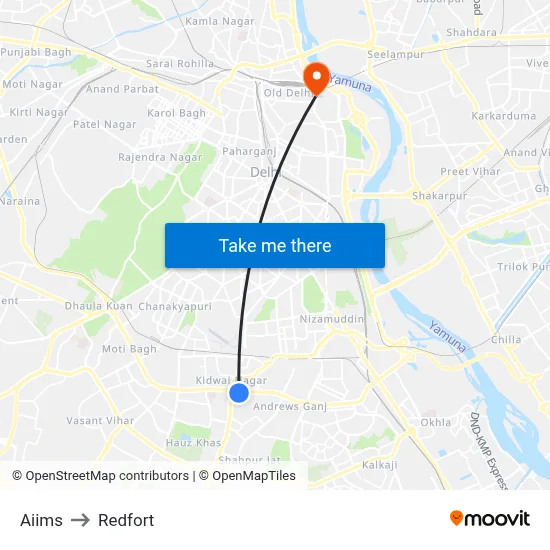 Aiims to Redfort map