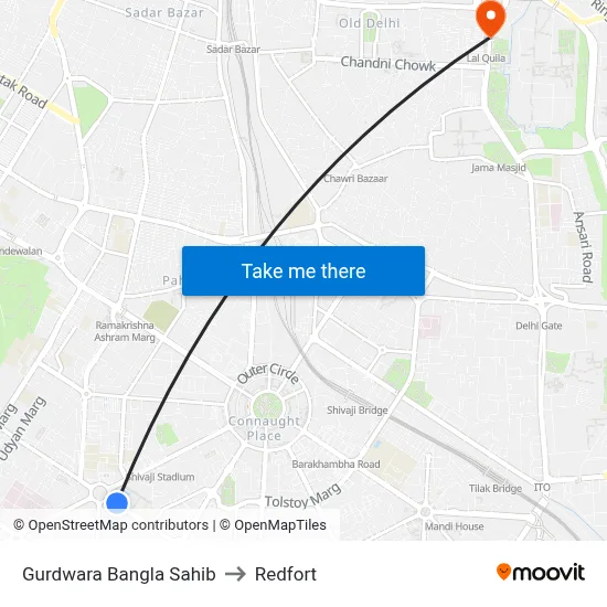 Gurdwara Bangla Sahib to Redfort map