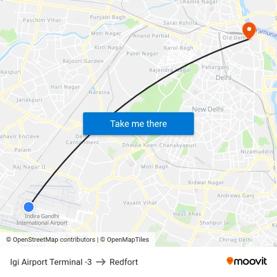 Igi Airport Terminal -3 to Redfort map
