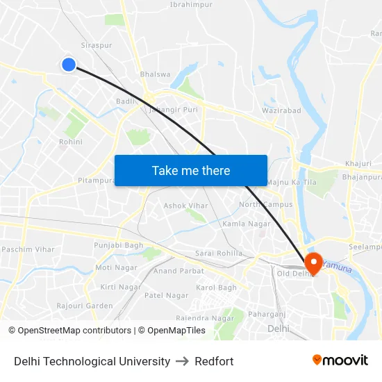 Delhi Technological University to Redfort map