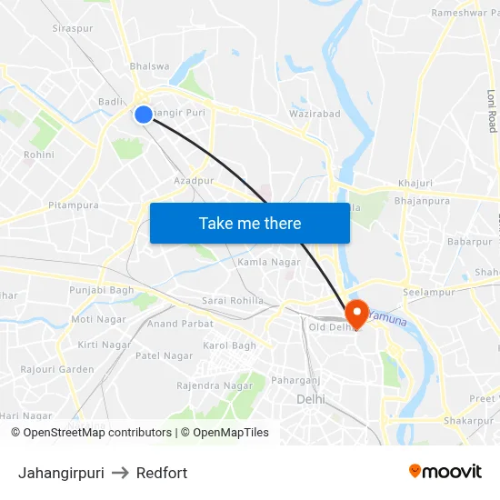 Jahangirpuri to Redfort map