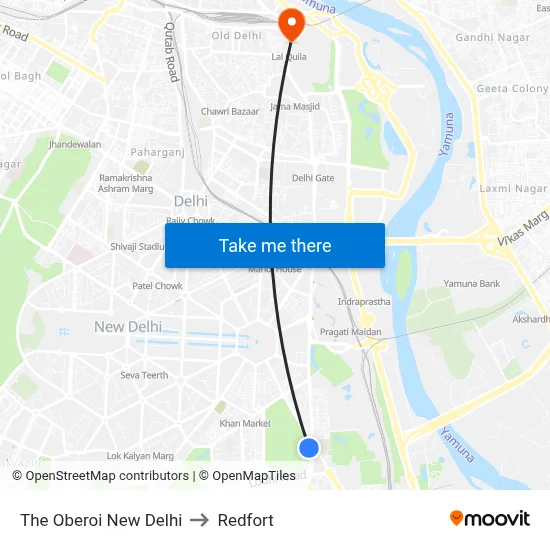 The Oberoi New Delhi to Redfort map