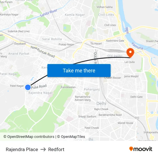 Rajendra Place to Redfort map