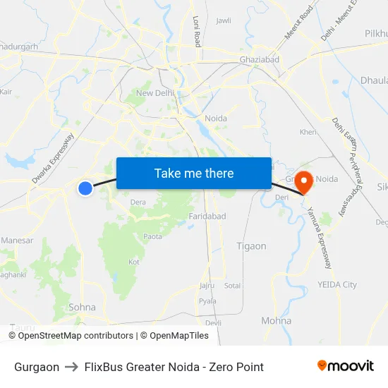Gurgaon to FlixBus Greater Noida - Zero Point map