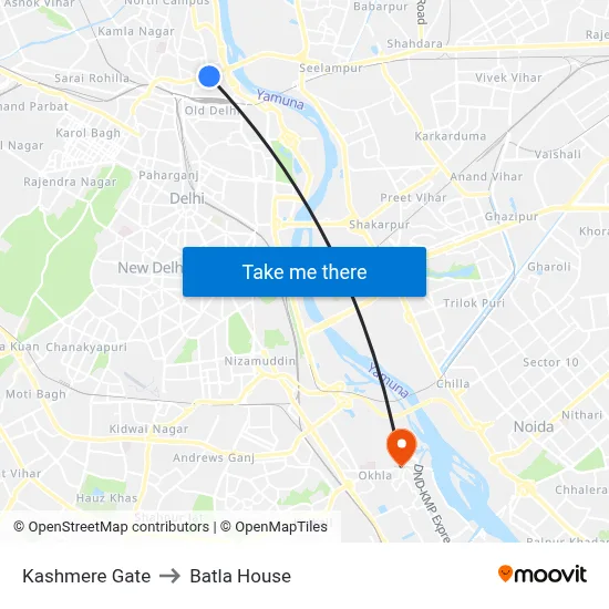 Kashmere Gate to Batla House map