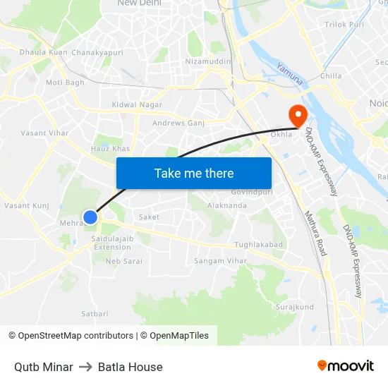 Qutb Minar to Batla House map