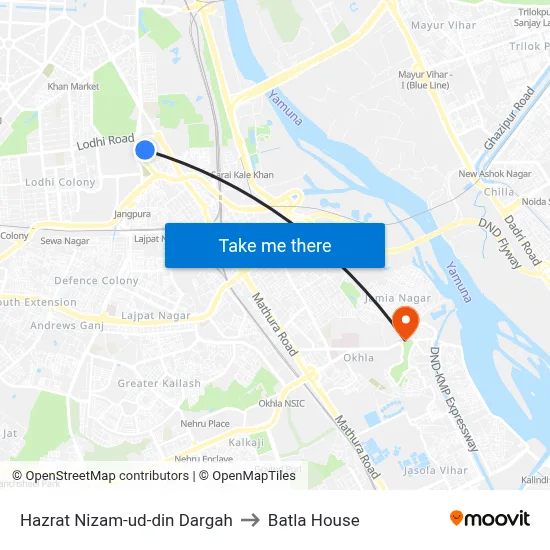 Hazrat Nizam-ud-din Dargah to Batla House map