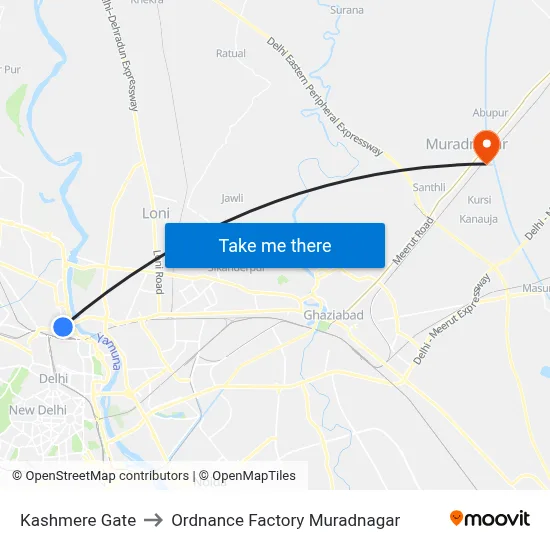 Kashmere Gate to Ordnance Factory Muradnagar map
