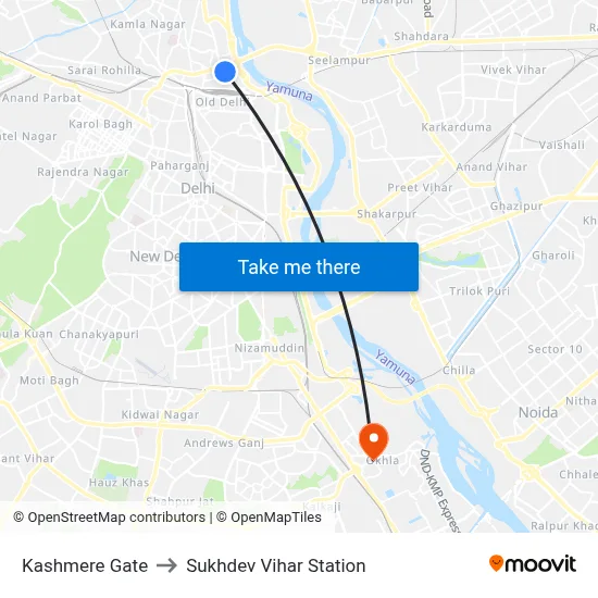 Kashmere Gate to Sukhdev Vihar Station map
