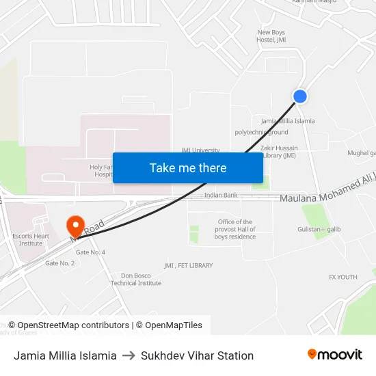 Jamia Millia Islamia to Sukhdev Vihar Station map