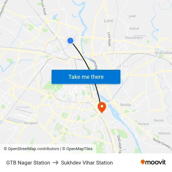 GTB Nagar Station to Sukhdev Vihar Station map
