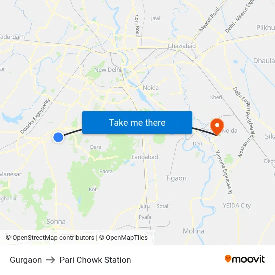 Gurgaon to Pari Chowk Station map