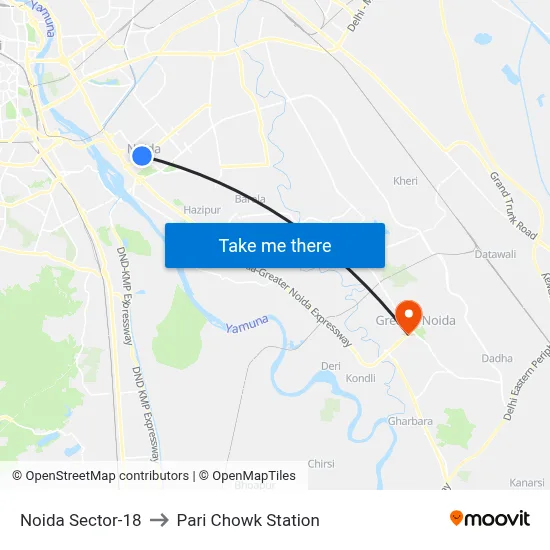 नोएडा सेक्टर-18 to Pari Chowk Station map
