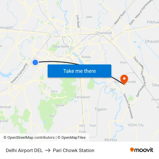 Delhi Airport DEL to Pari Chowk Station map