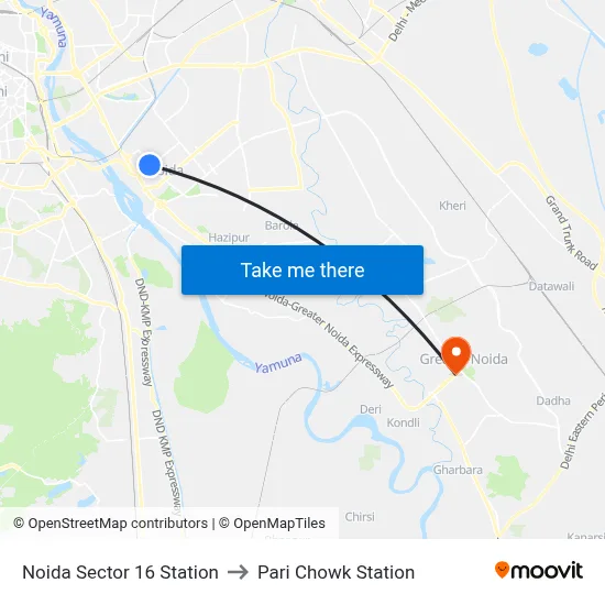 नोएडा सेक्टर 16 स्टेशन to Pari Chowk Station map