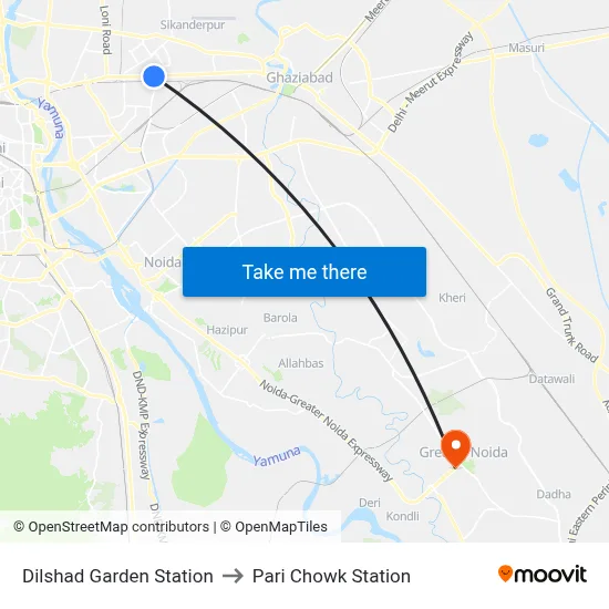 Dilshad Garden Station to Pari Chowk Station map