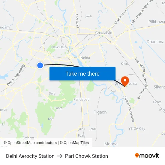 Delhi Aerocity Station to Pari Chowk Station map