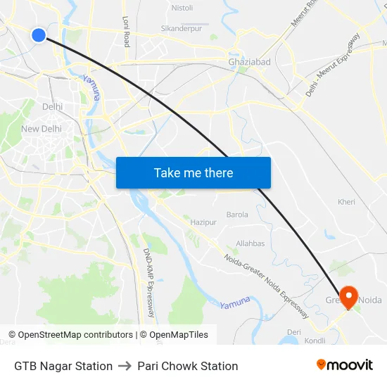 GTB Nagar Station to Pari Chowk Station map