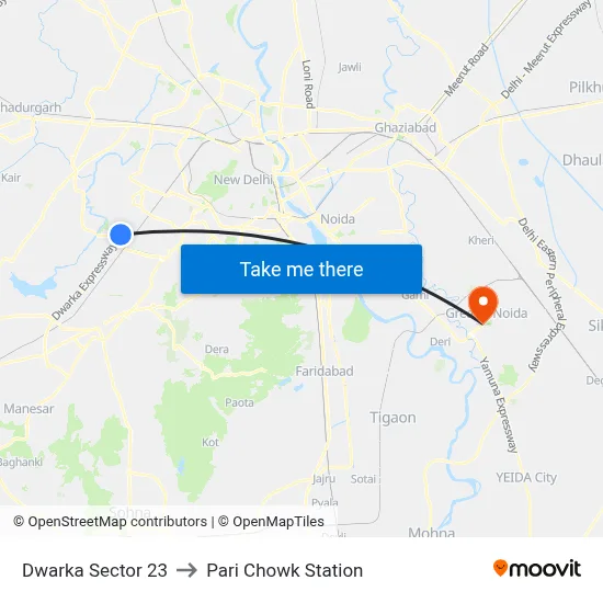 Dwarka Sector 23 to Pari Chowk Station map