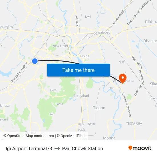 Igi Airport Terminal -3 to Pari Chowk Station map