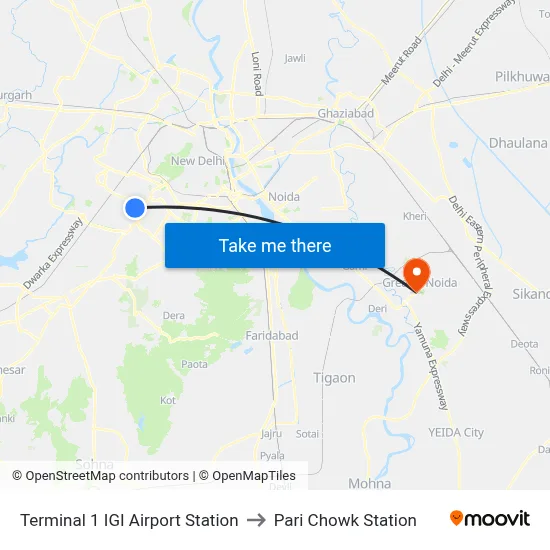 Terminal 1 IGI Airport Station to Pari Chowk Station map