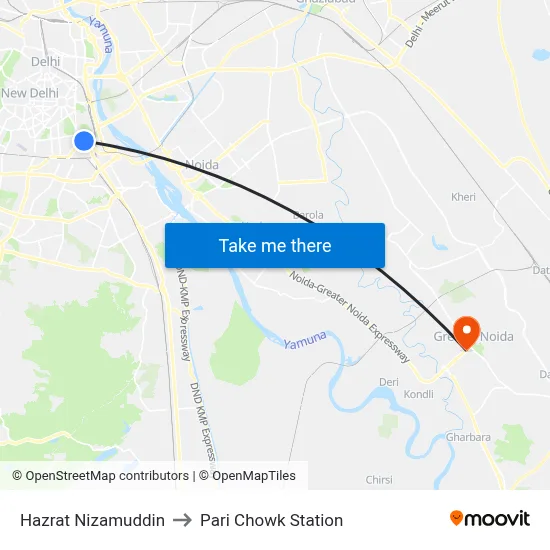 Hazrat Nizamuddin to Pari Chowk Station map