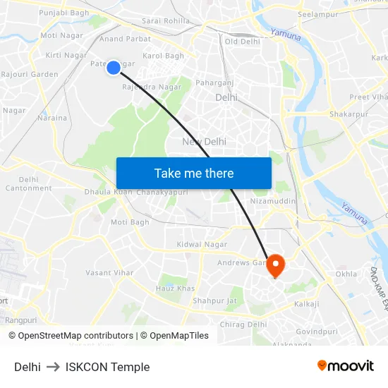 Delhi to ISKCON Temple map