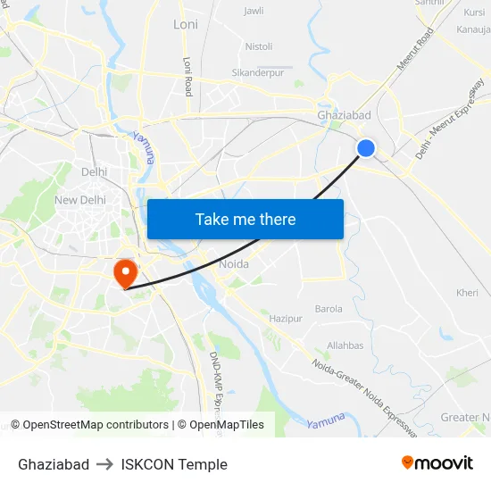 Ghaziabad to ISKCON Temple map