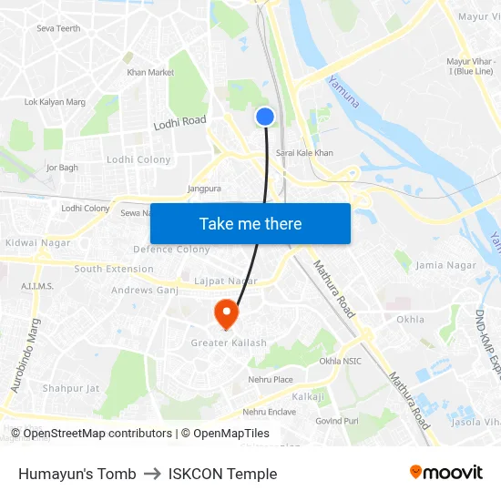 Humayun's Tomb to ISKCON Temple map