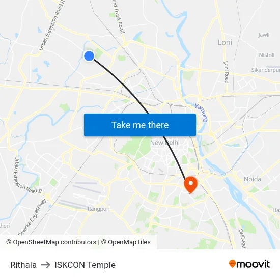 Rithala to ISKCON Temple map
