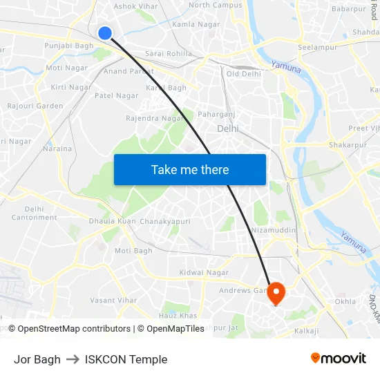 Jor Bagh to ISKCON Temple map