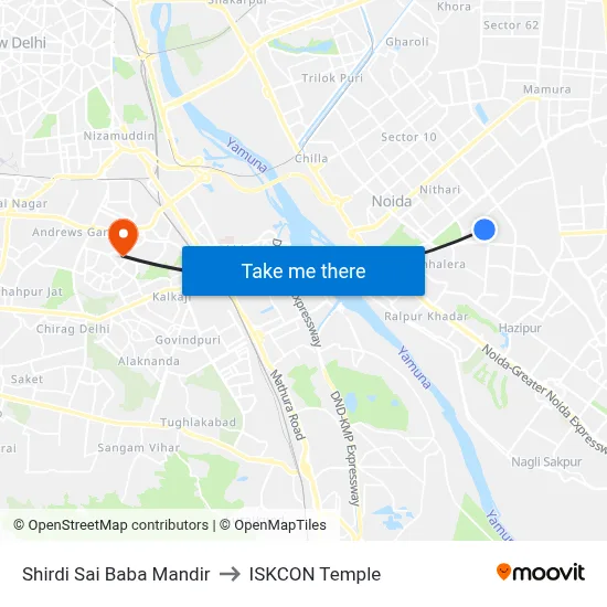 Shirdi Sai Baba Mandir to ISKCON Temple map
