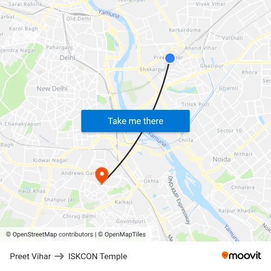 Preet Vihar to ISKCON Temple map