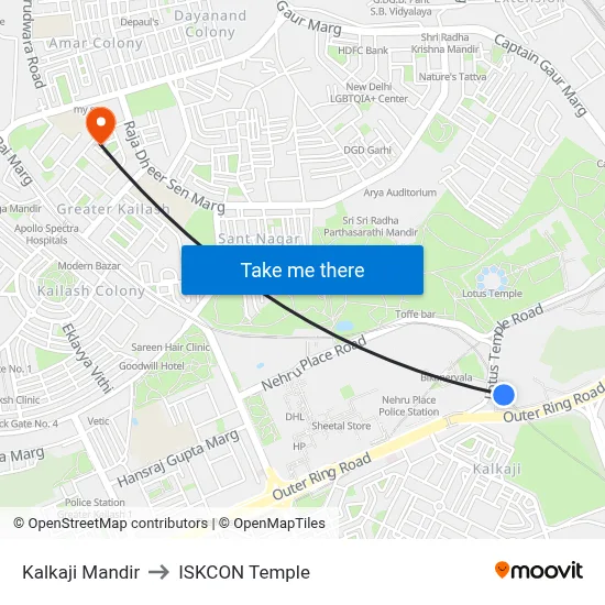 Kalkaji Mandir to ISKCON Temple map