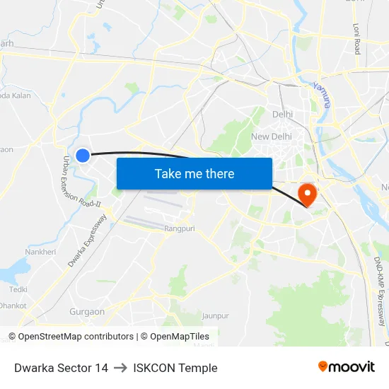 Dwarka Sector 14 to ISKCON Temple map
