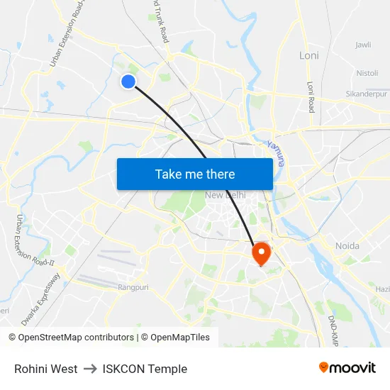 Rohini West to ISKCON Temple map