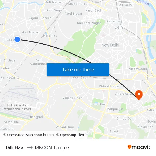 Dilli Haat to ISKCON Temple map