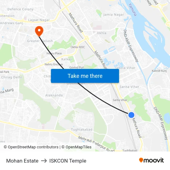 Mohan Estate to ISKCON Temple map