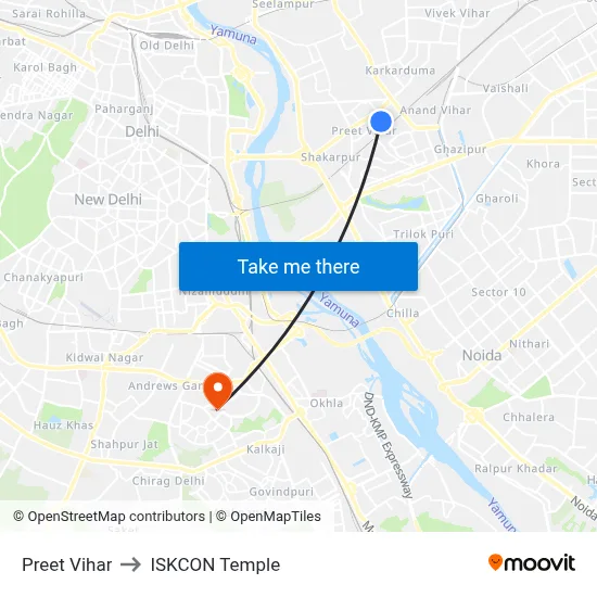 Preet Vihar to ISKCON Temple map