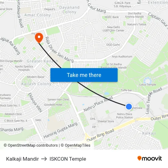 Kalkaji Mandir to ISKCON Temple map